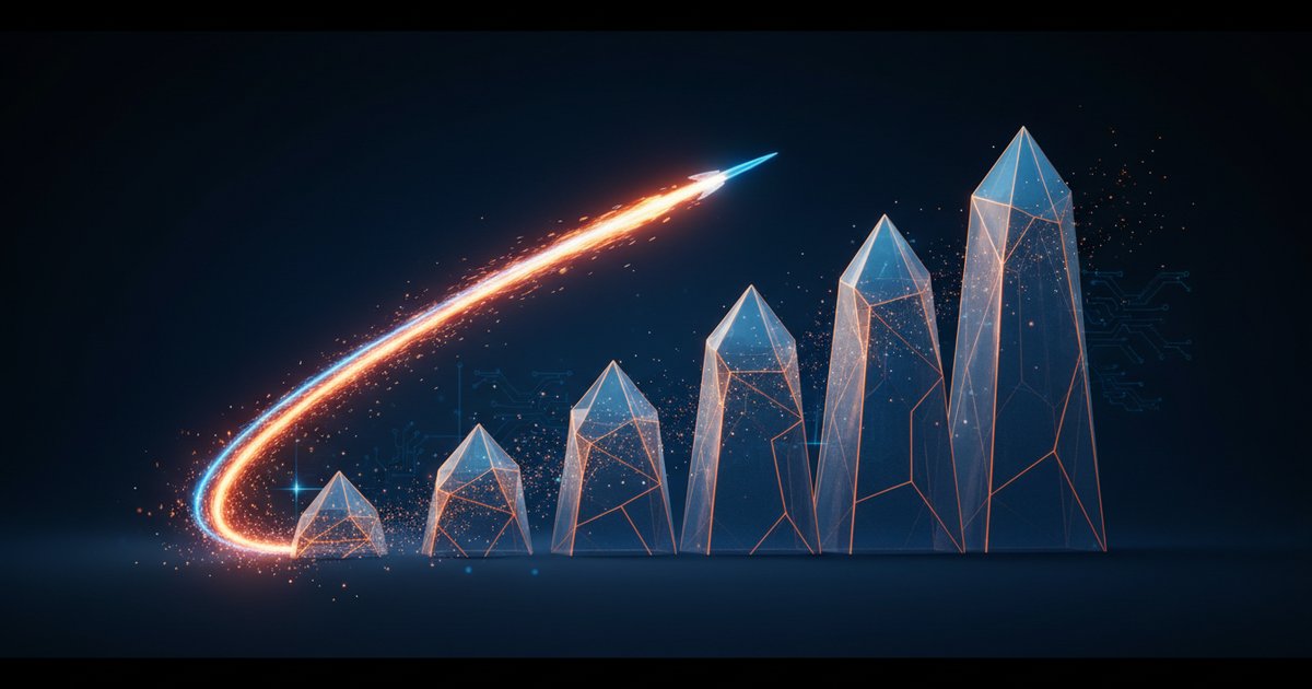 Cordillera de redes de datos iluminadas ascendiendo, representando el avance acelerado de la IA con Claude Fable 5