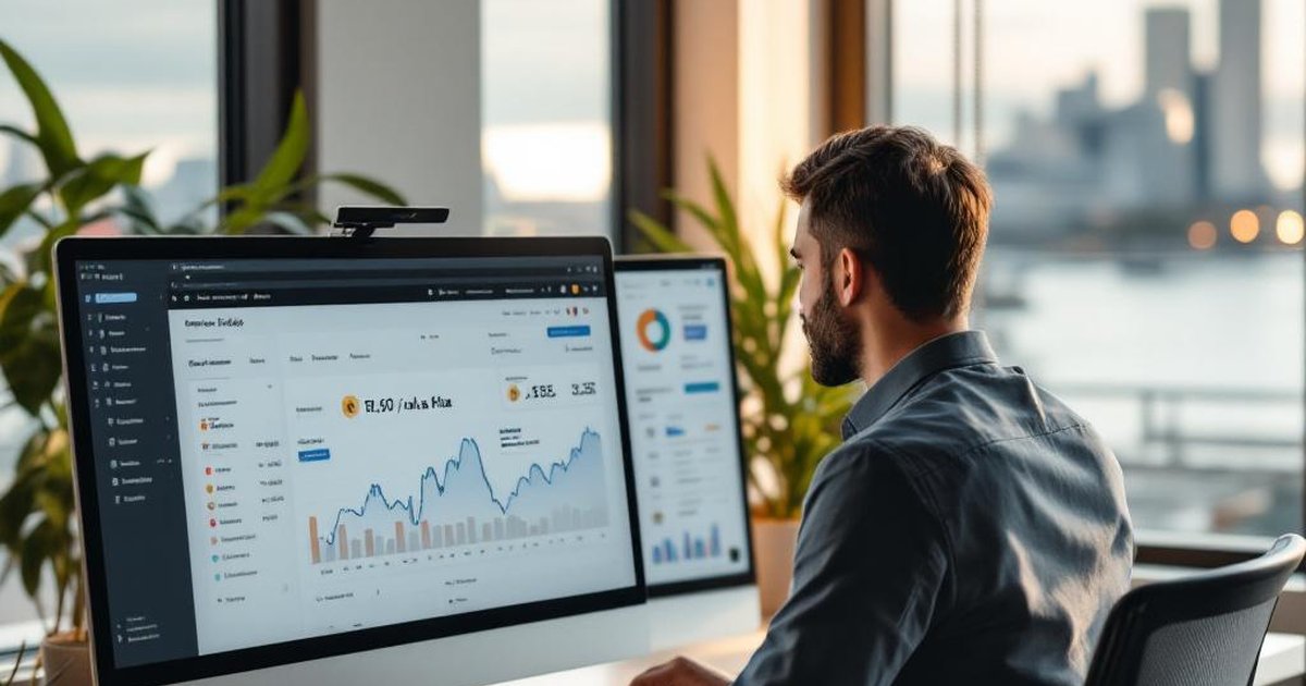 Emprendedor uruguayo en Montevideo con analíticas de tienda Amazon en pantallas